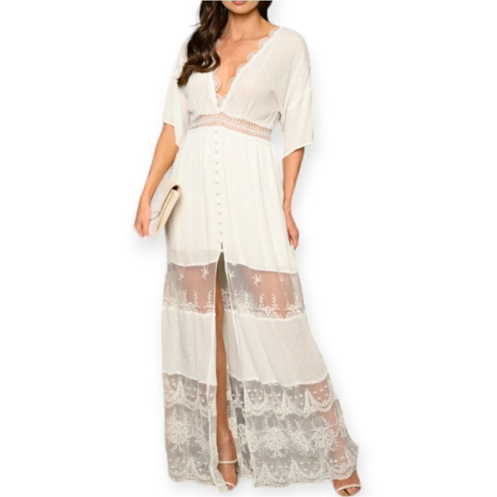 Boho Lace-Trim Cream Maxi Dress with Crochet Waist